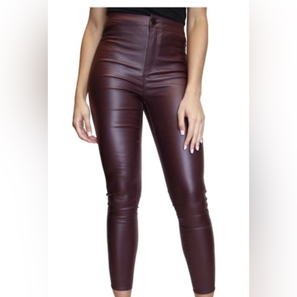 Almost Famous Super High Rise Skinny Dark Burgundy Faux Leather Pants